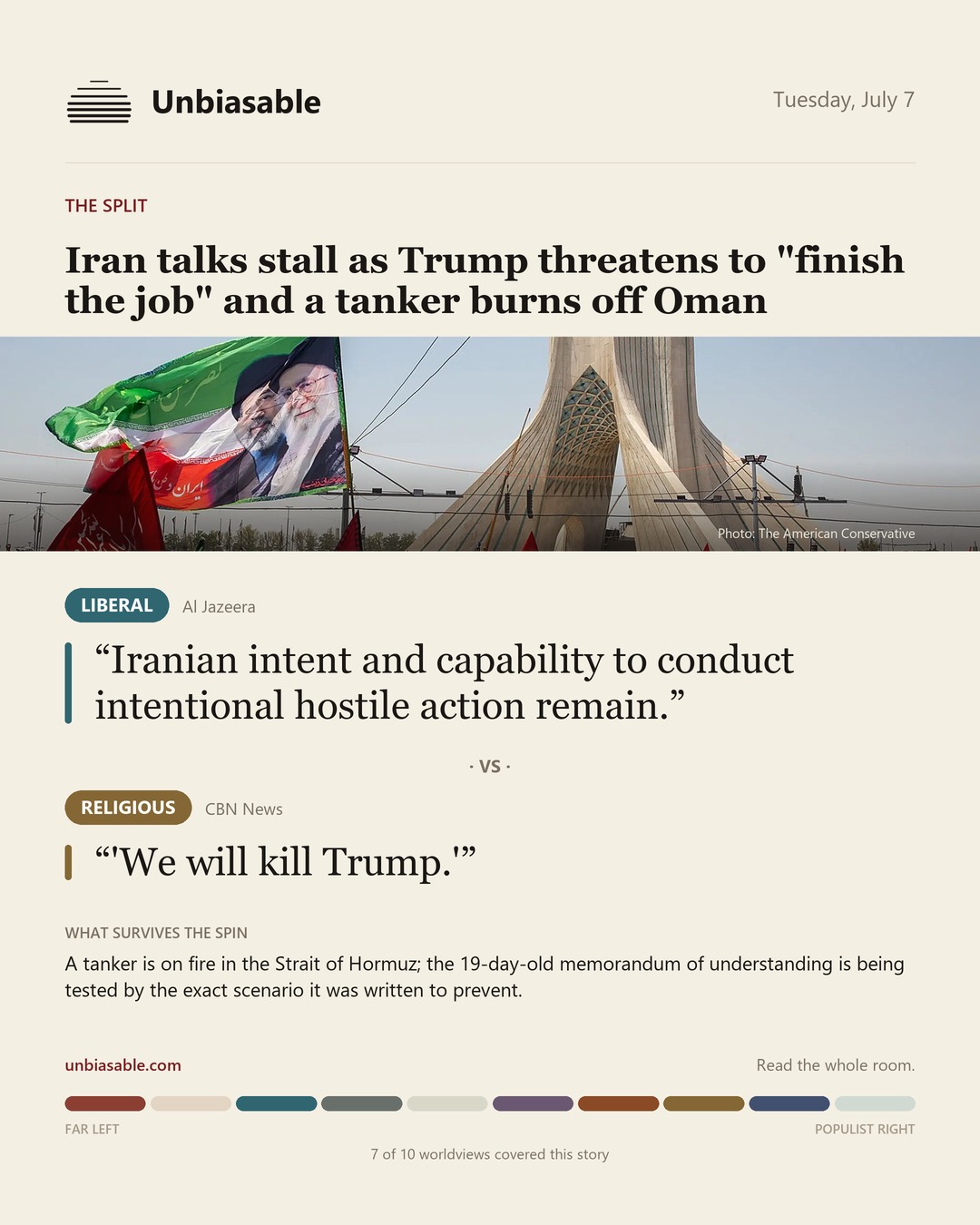 How the Liberal and Religious press framed “Iran talks stall as Trump threatens to "finish the job" and a tanker burns off Oman”, in verbatim quotes.
