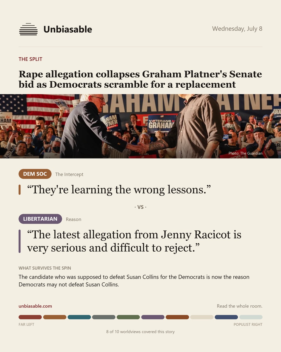 How the Dem Soc and Libertarian press framed “Rape allegation collapses Graham Platner's Senate bid as Democrats scramble for a replacement”, in verbatim quotes.