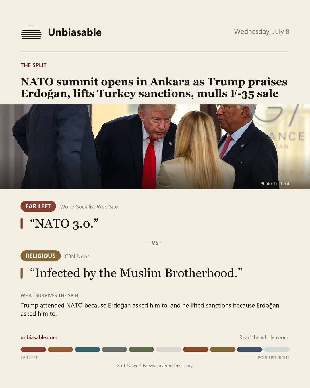 How the Far Left and Religious press framed “NATO summit opens in Ankara as Trump praises Erdoğan, lifts Turkey sanctions, mulls F-35 sale”, in verbatim quotes.