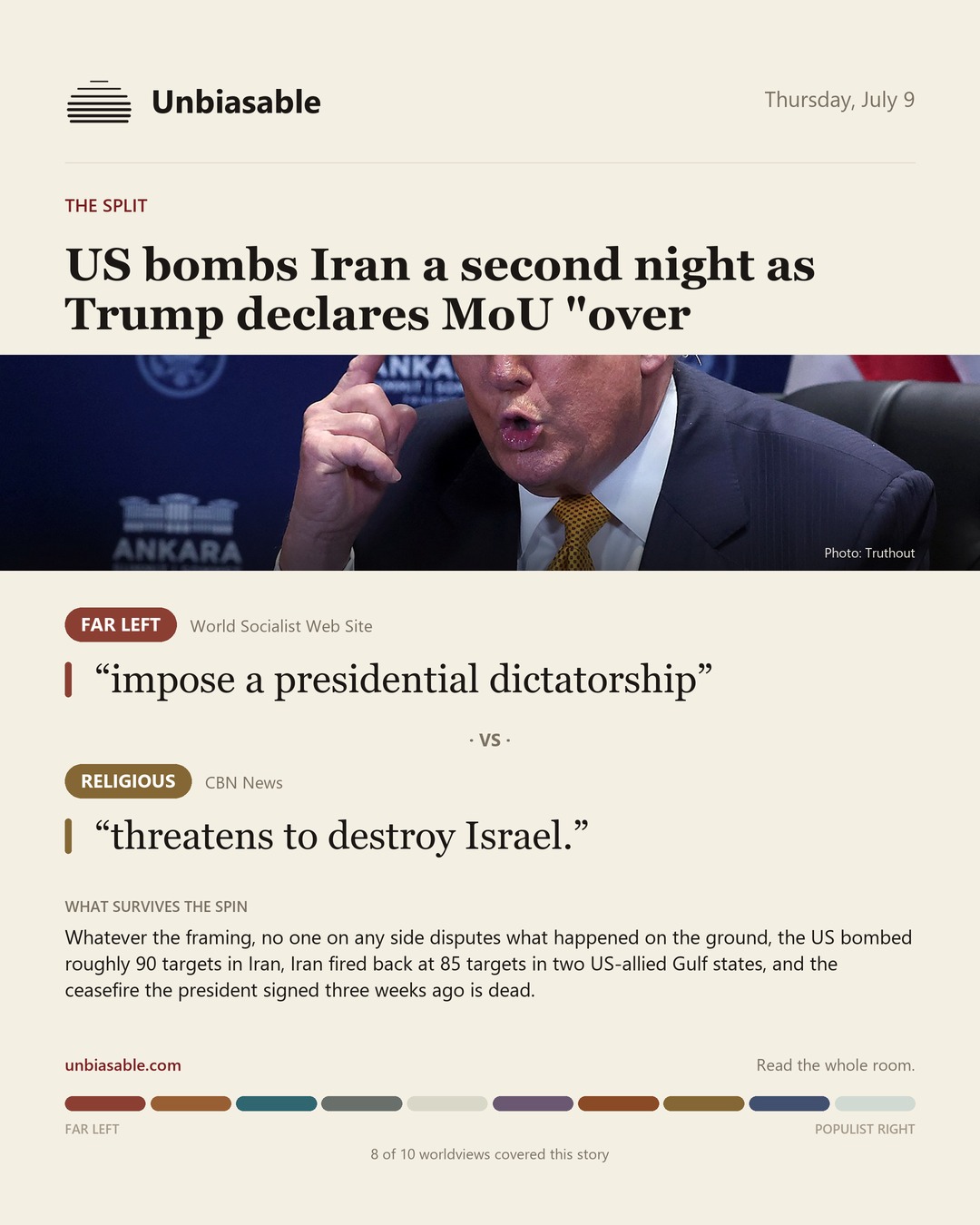 How the Far Left and Religious press framed “US bombs Iran a second night as Trump declares MoU "over”, in verbatim quotes.