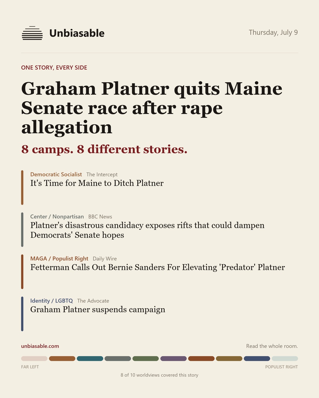 How 8 political worldviews framed “Graham Platner quits Maine Senate race after rape allegation”, color-coded by lens.