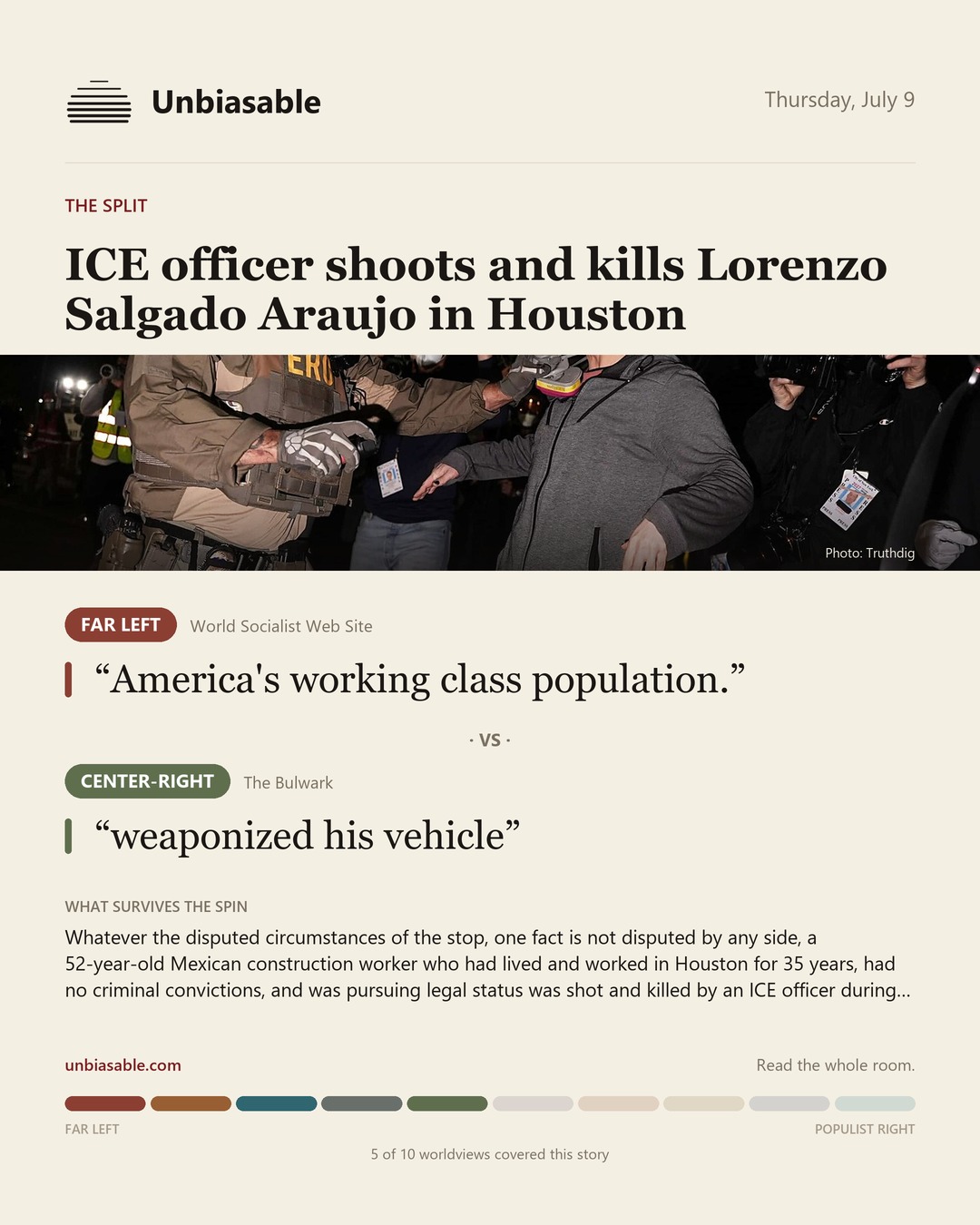 How the Far Left and Center-Right press framed “ICE officer shoots and kills Lorenzo Salgado Araujo in Houston”, in verbatim quotes.
