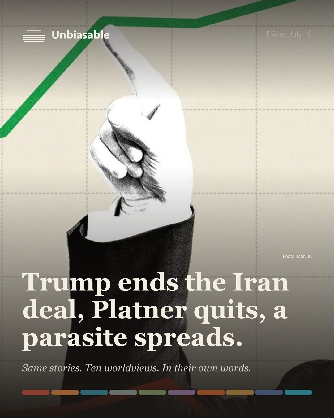 Unbiasable cover for Friday, July 10: Trump ends the Iran deal, Platner quits, a parasite spreads.. The labelled ten-worldview spectrum.
