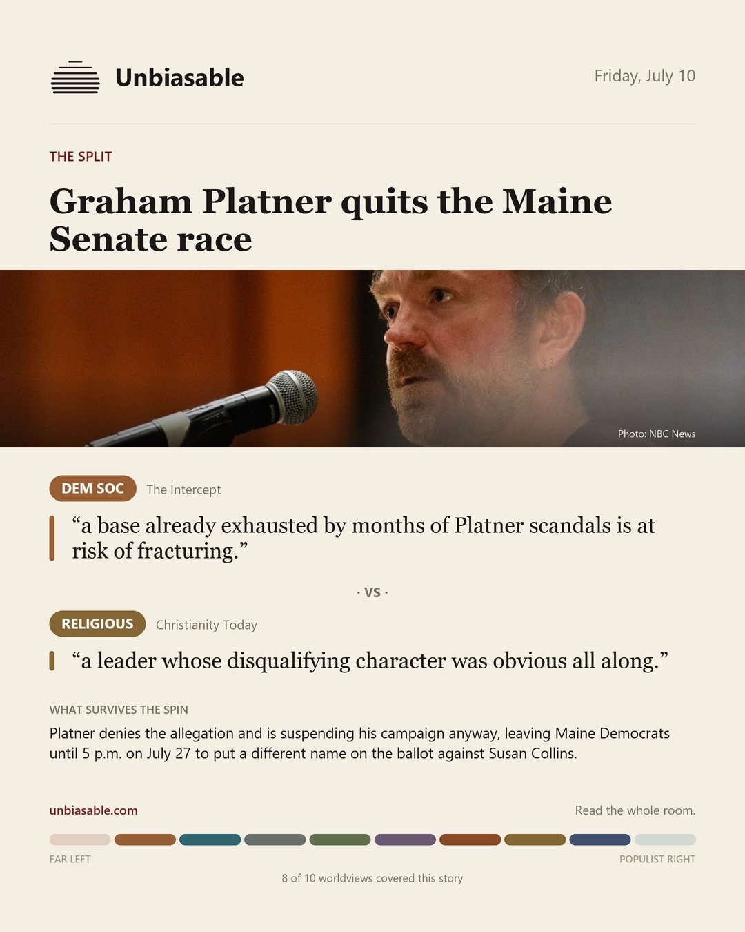 How the Dem Soc and Religious press framed “Graham Platner quits the Maine Senate race”, in verbatim quotes.