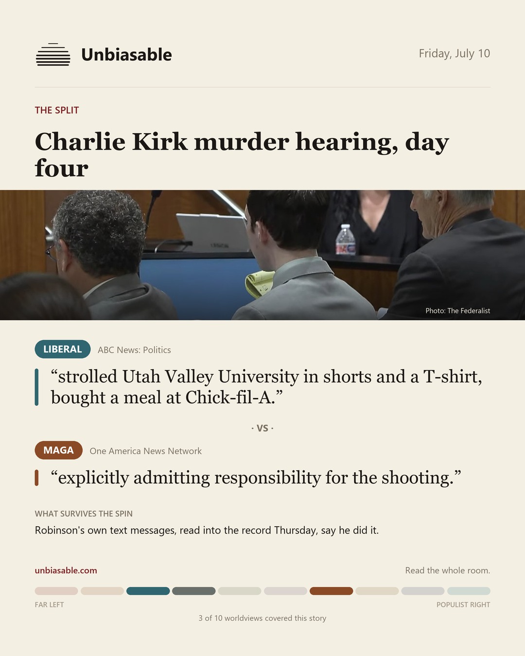 How the Liberal and MAGA press framed “Charlie Kirk murder hearing, day four”, in verbatim quotes.