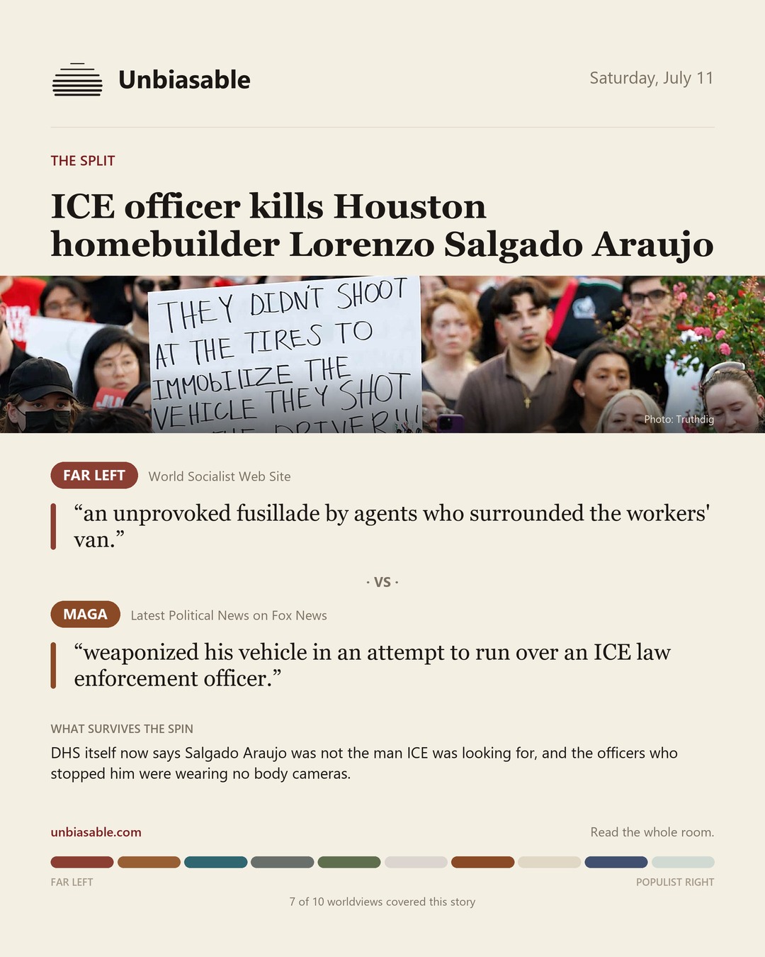 How the Far Left and MAGA press framed “ICE officer kills Houston homebuilder Lorenzo Salgado Araujo”, in verbatim quotes.