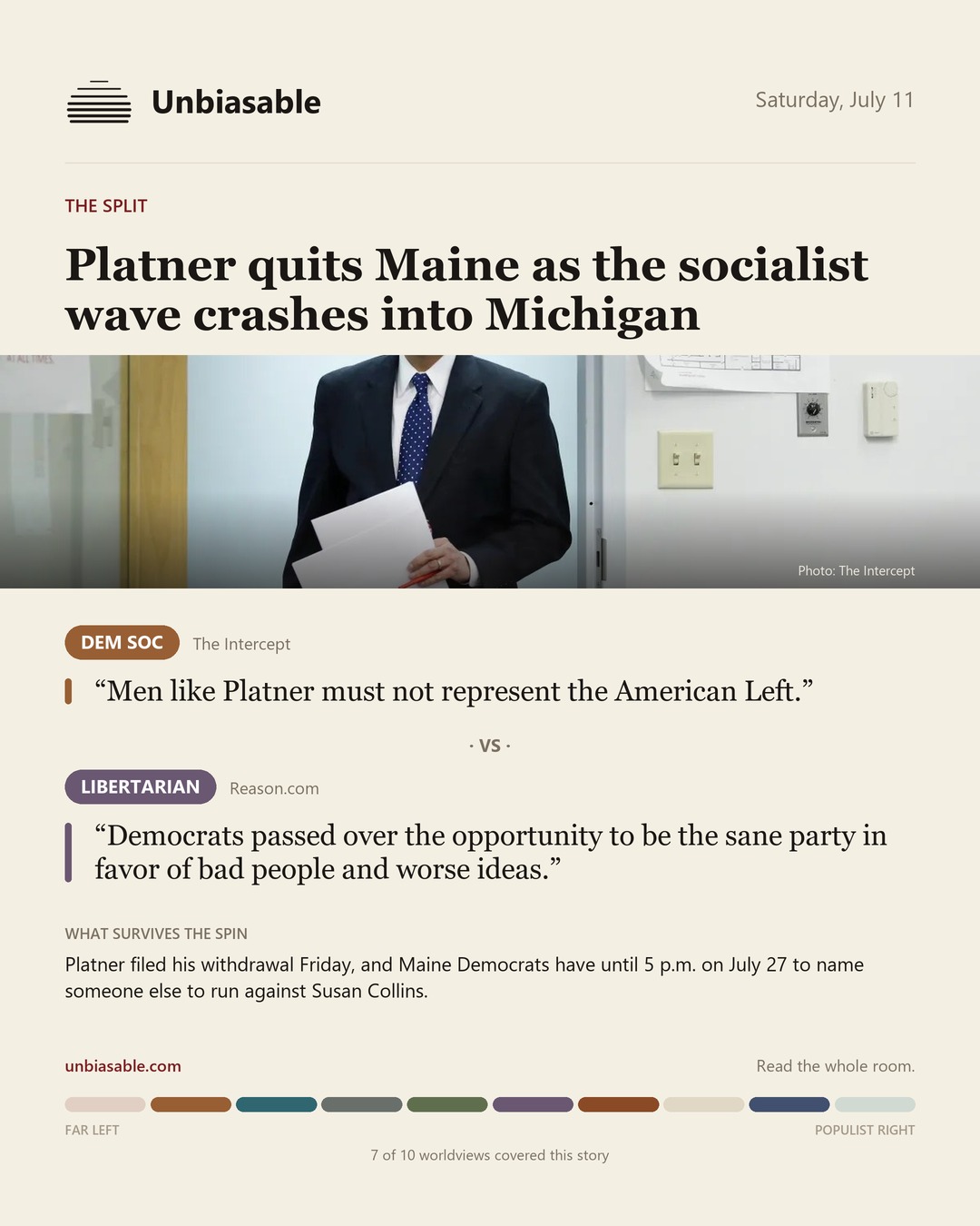 How the Dem Soc and Libertarian press framed “Platner quits Maine as the socialist wave crashes into Michigan”, in verbatim quotes.