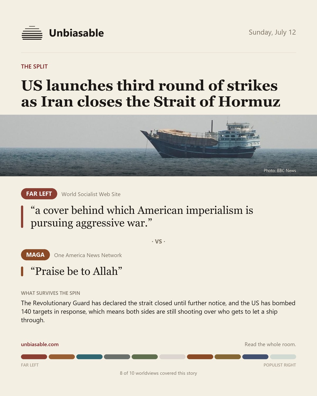 How the Far Left and MAGA press framed “US launches third round of strikes as Iran closes the Strait of Hormuz”, in verbatim quotes.
