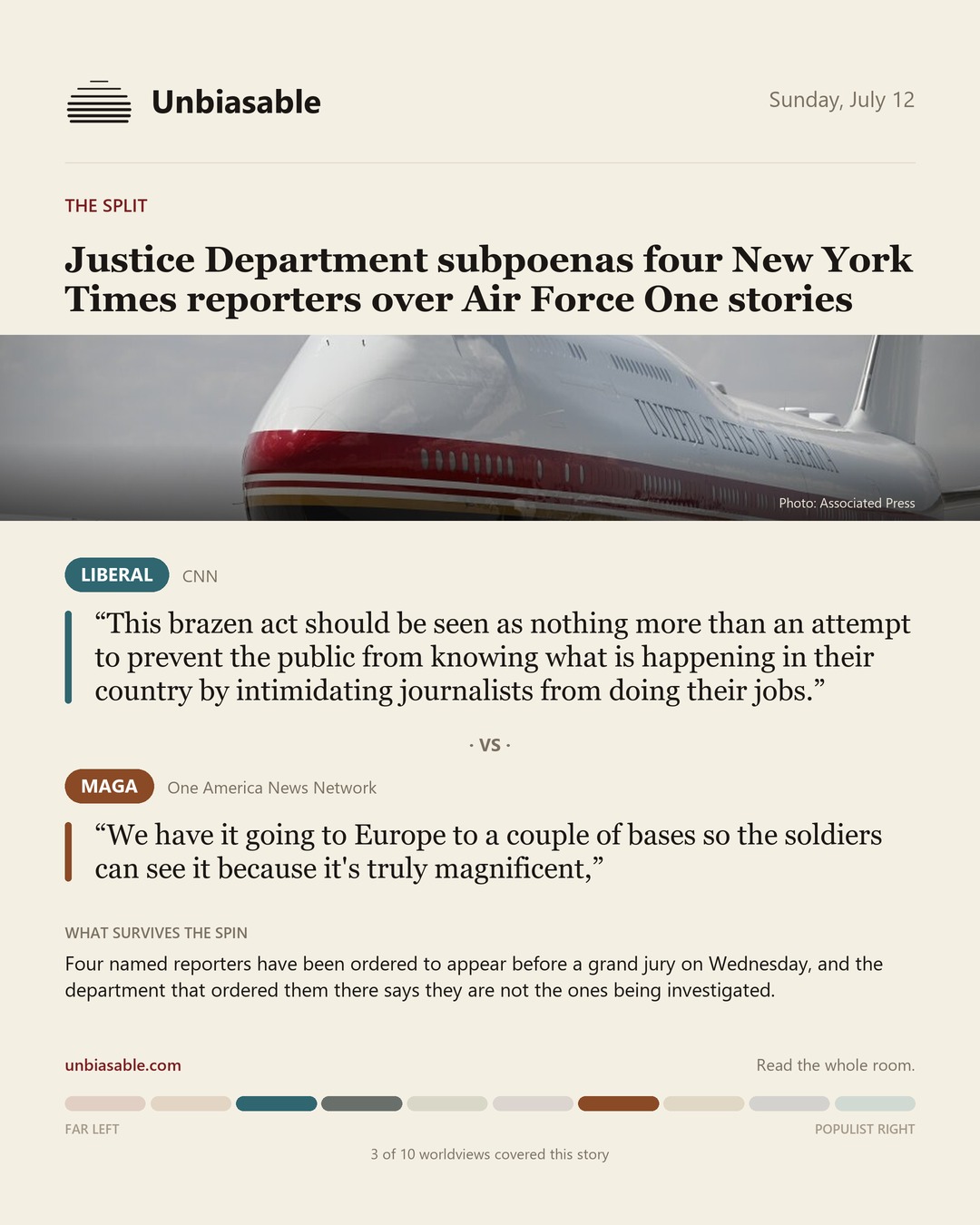 How the Liberal and MAGA press framed “Justice Department subpoenas four New York Times reporters over Air Force One stories”, in verbatim quotes.