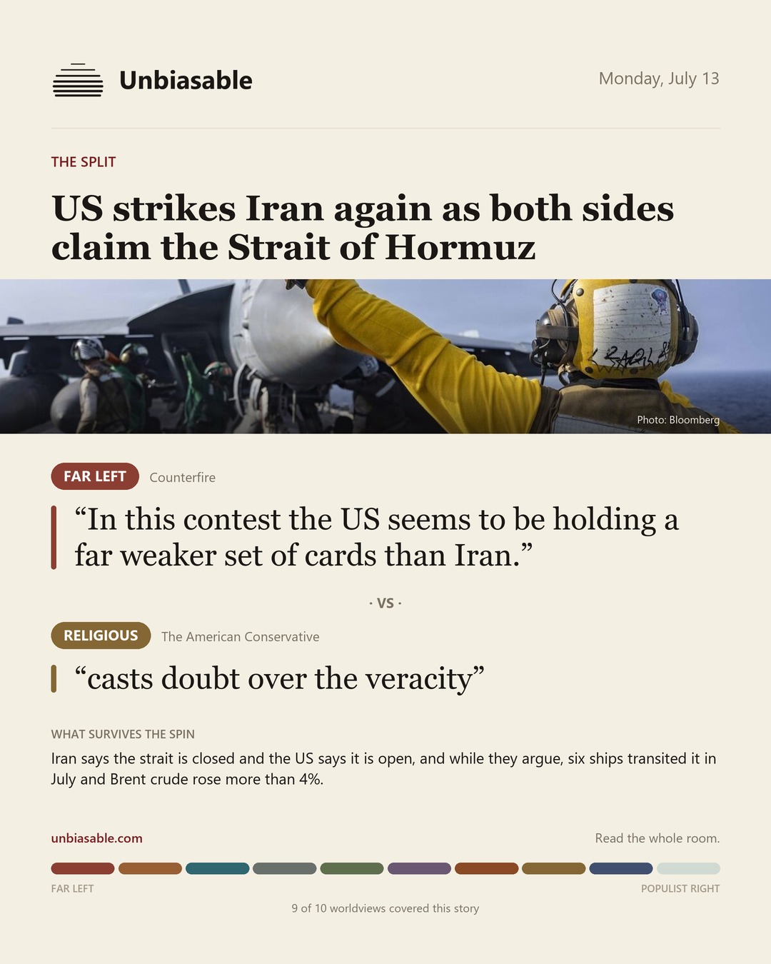How the Far Left and Religious press framed “US strikes Iran again as both sides claim the Strait of Hormuz”, in verbatim quotes.
