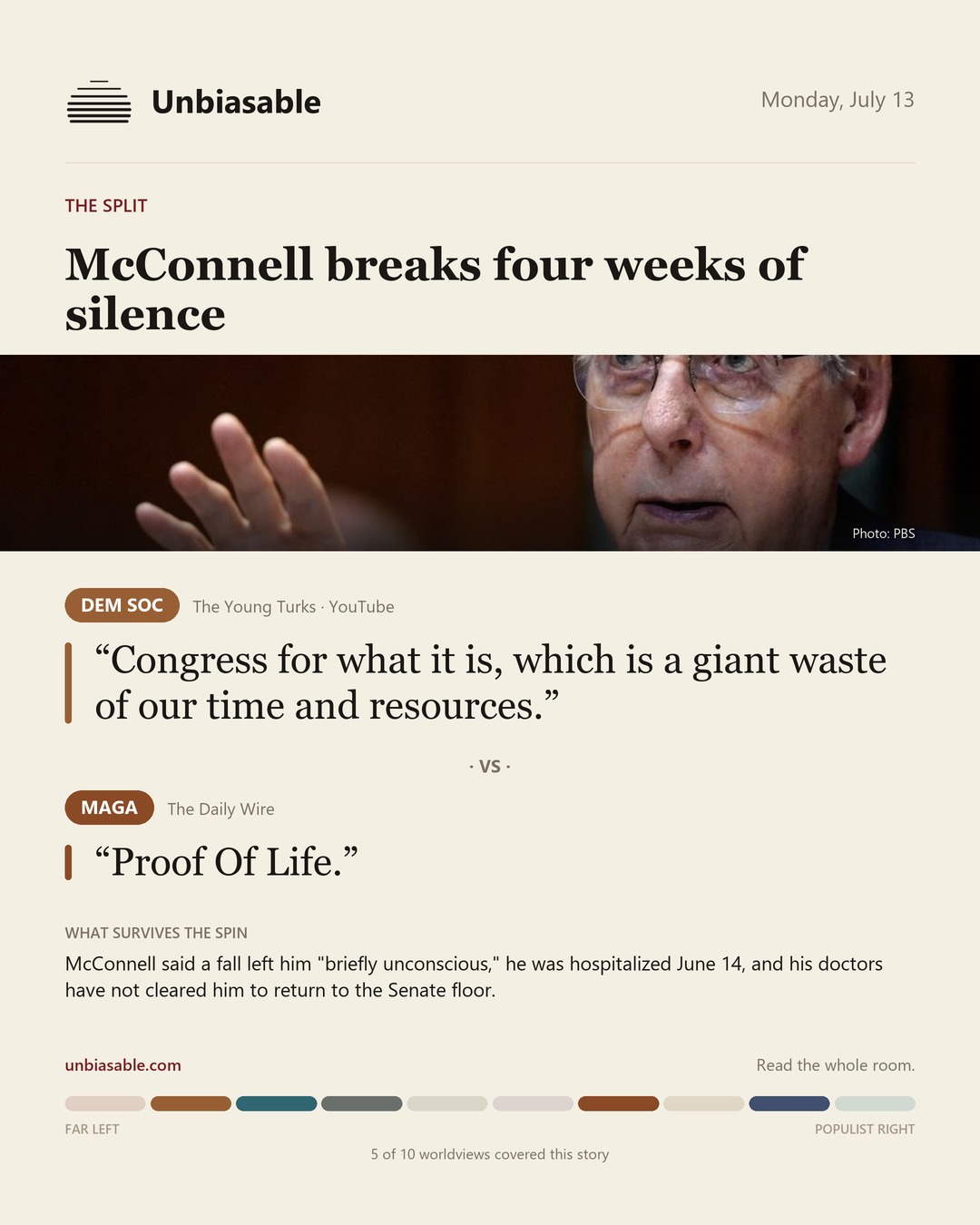How the Dem Soc and MAGA press framed “McConnell breaks four weeks of silence”, in verbatim quotes.