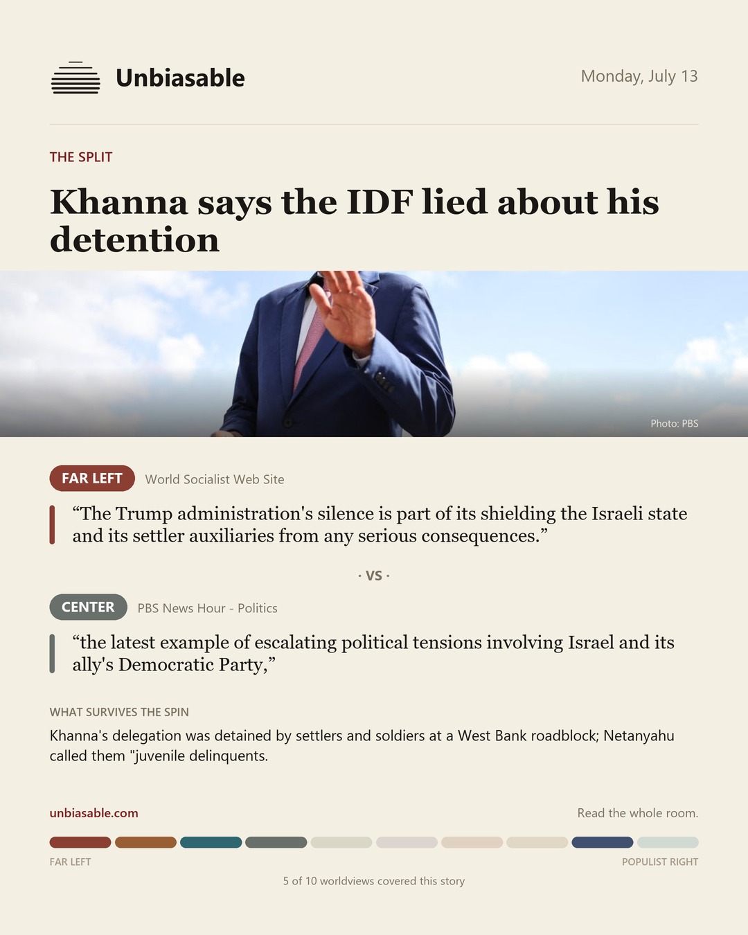 How the Far Left and Center press framed “Khanna says the IDF lied about his detention”, in verbatim quotes.