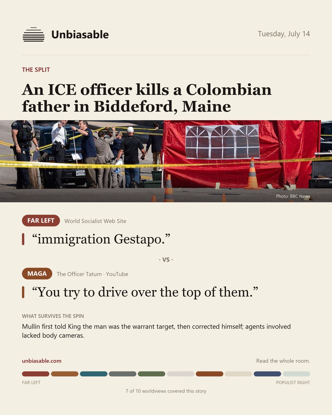 How the Far Left and MAGA press framed “An ICE officer kills a Colombian father in Biddeford, Maine”, in verbatim quotes.
