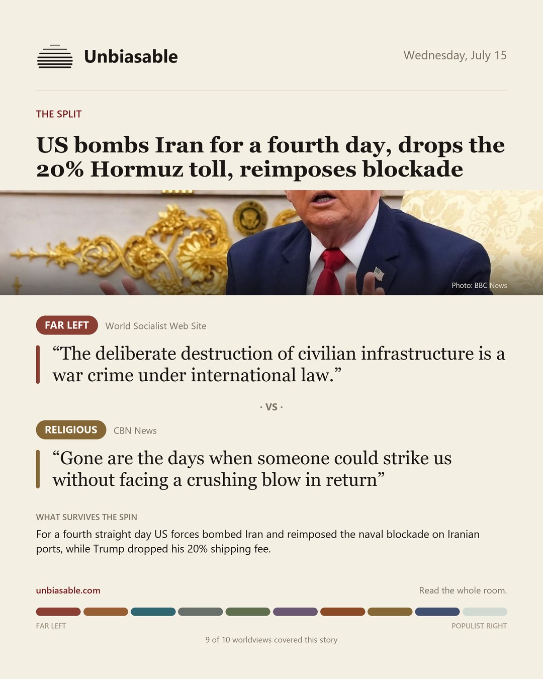How the Far Left and Religious press framed “US bombs Iran for a fourth day, drops the 20% Hormuz toll, reimposes blockade”, in verbatim quotes.