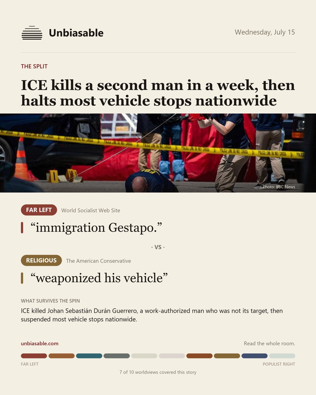 How the Far Left and Religious press framed “ICE kills a second man in a week, then halts most vehicle stops nationwide”, in verbatim quotes.