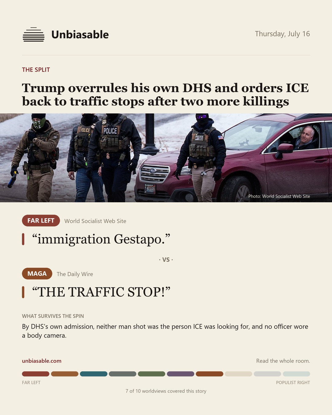 How the Far Left and MAGA press framed “Trump overrules his own DHS and orders ICE back to traffic stops after two more killings”, in verbatim quotes.