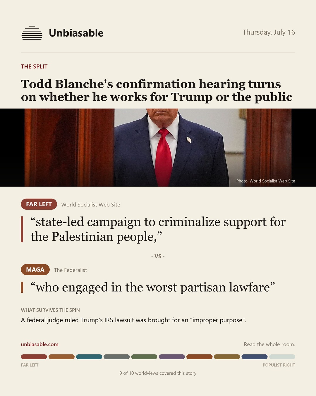 How the Far Left and MAGA press framed “Todd Blanche's confirmation hearing turns on whether he works for Trump or the public”, in verbatim quotes.