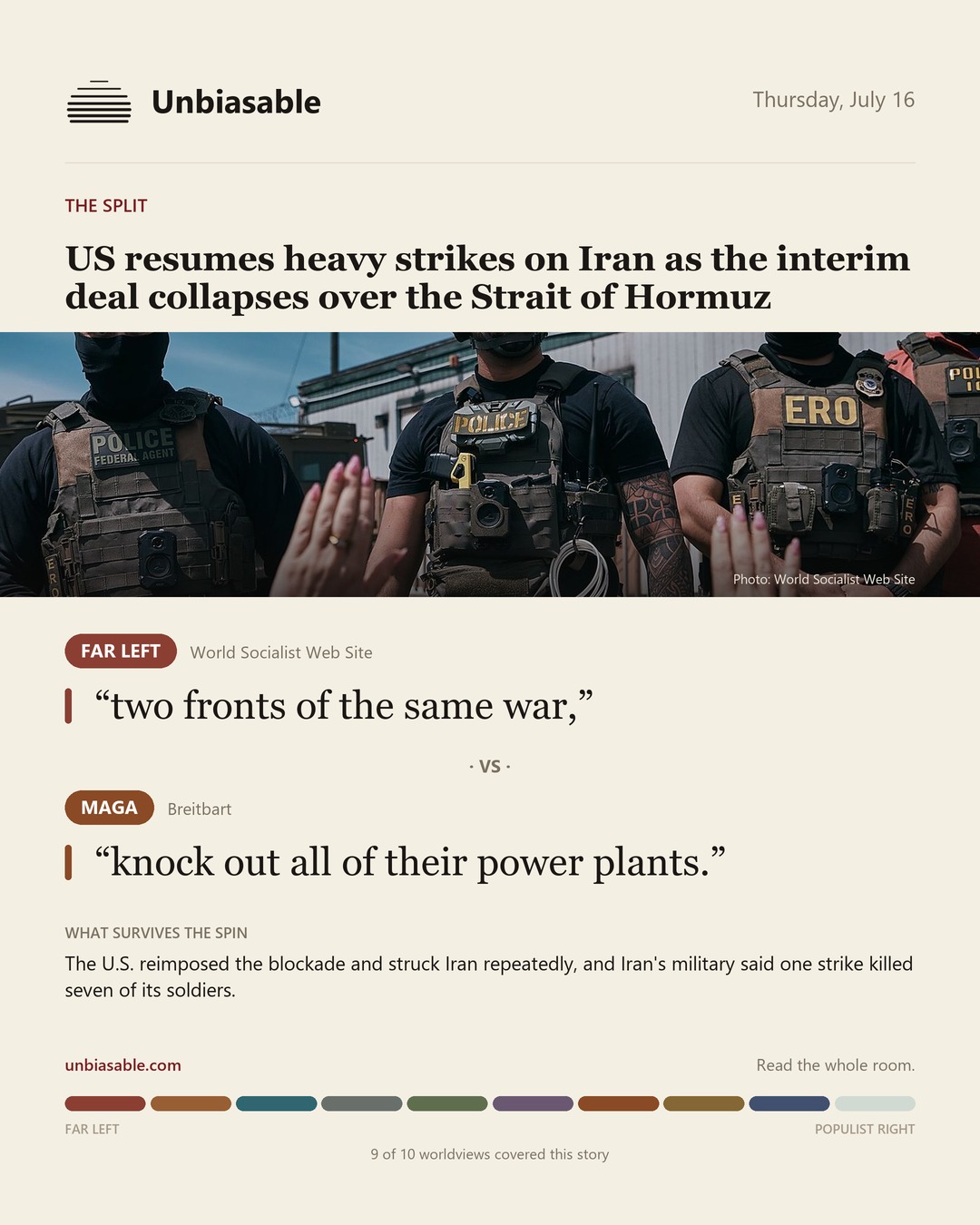 How the Far Left and MAGA press framed “US resumes heavy strikes on Iran as the interim deal collapses over the Strait of Hormuz”, in verbatim quotes.