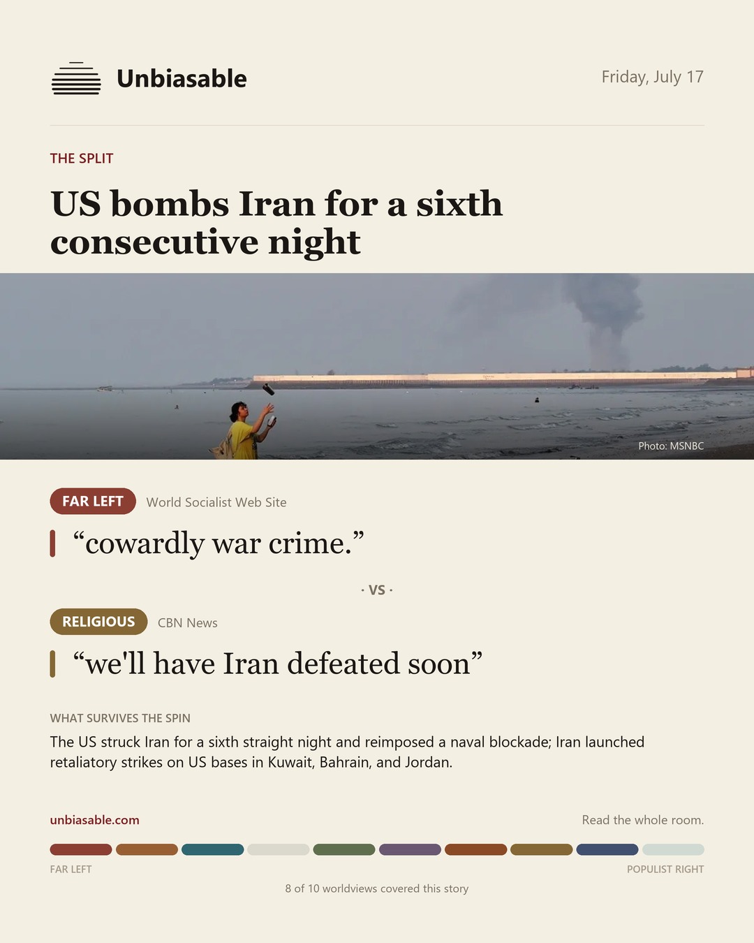 How the Far Left and Religious press framed “US bombs Iran for a sixth consecutive night”, in verbatim quotes.