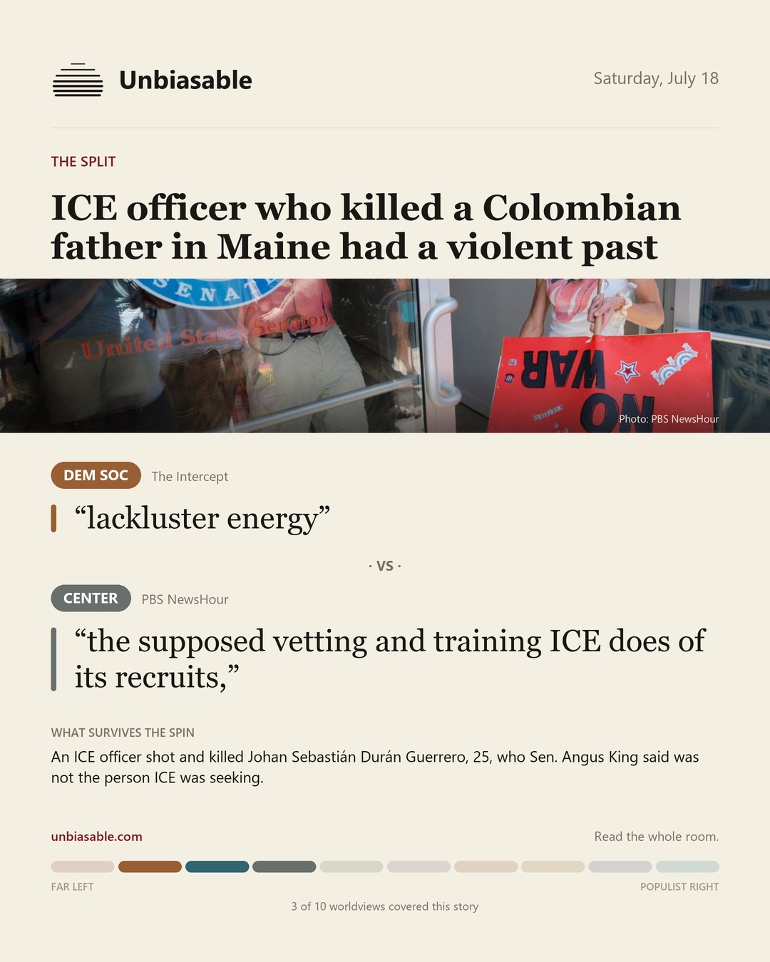 How the Dem Soc and Center press framed “ICE officer who killed a Colombian father in Maine had a violent past”, in verbatim quotes.