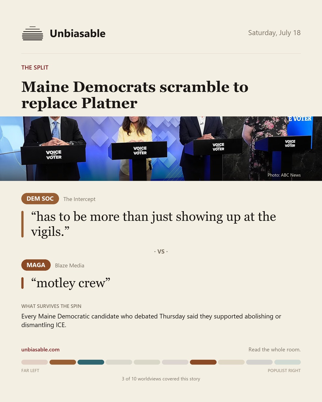 How the Dem Soc and MAGA press framed “Maine Democrats scramble to replace Platner”, in verbatim quotes.