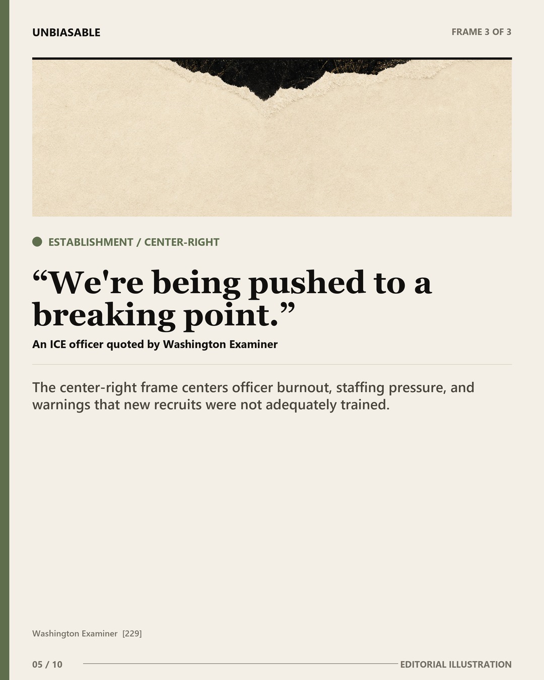 Establishment / Center-Right frame: We're being pushed to a breaking point. The center-right frame centers officer burnout, staffing pressure, and warnings that new recruits were not adequately trained.