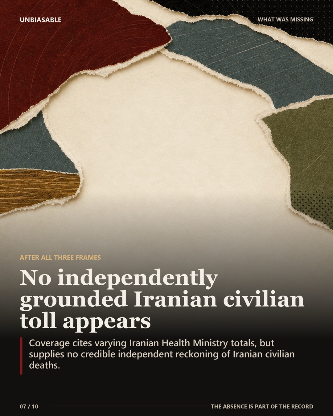 No independently grounded Iranian civilian toll appears: Coverage cites varying Iranian Health Ministry totals, but supplies no credible independent reckoning of Iranian civilian deaths.