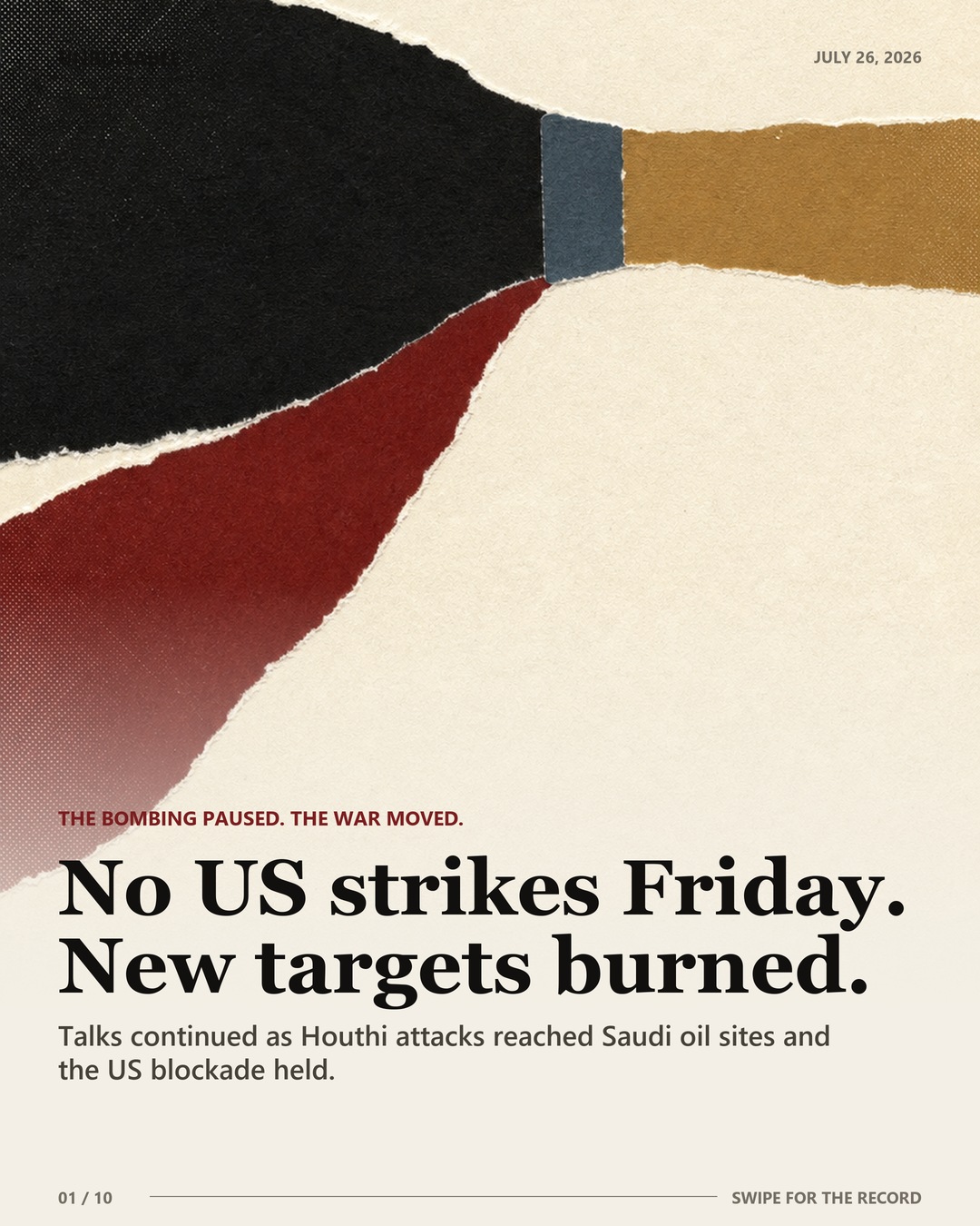 Editorial case-file cover: No US strikes Friday. New targets burned.