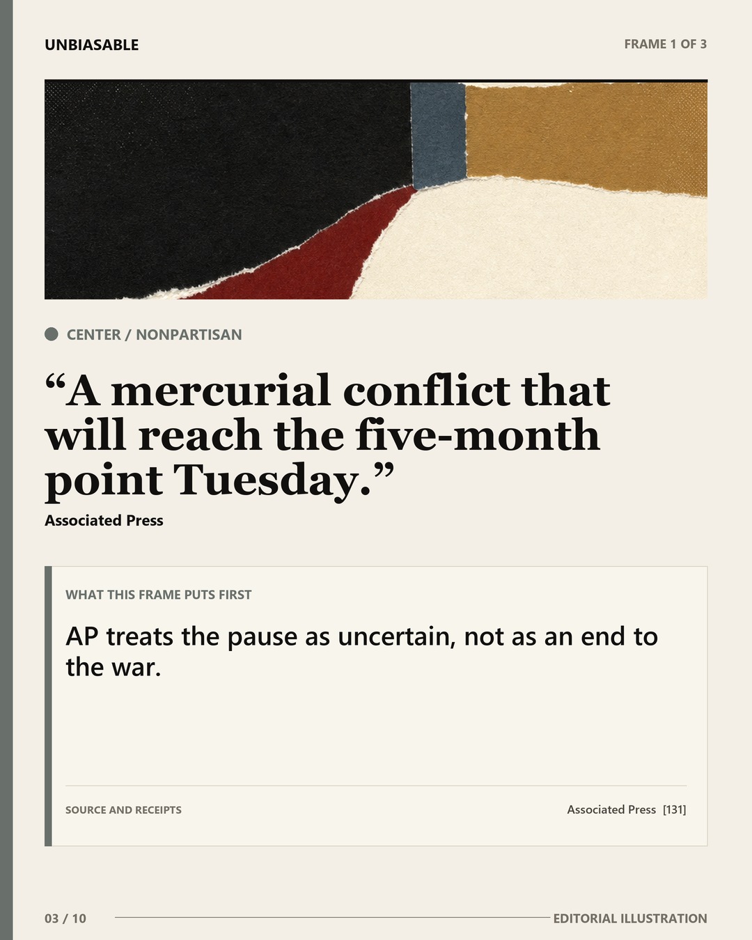 Center / Nonpartisan frame: A mercurial conflict that will reach the five-month point Tuesday. AP treats the pause as uncertain, not as an end to the war.