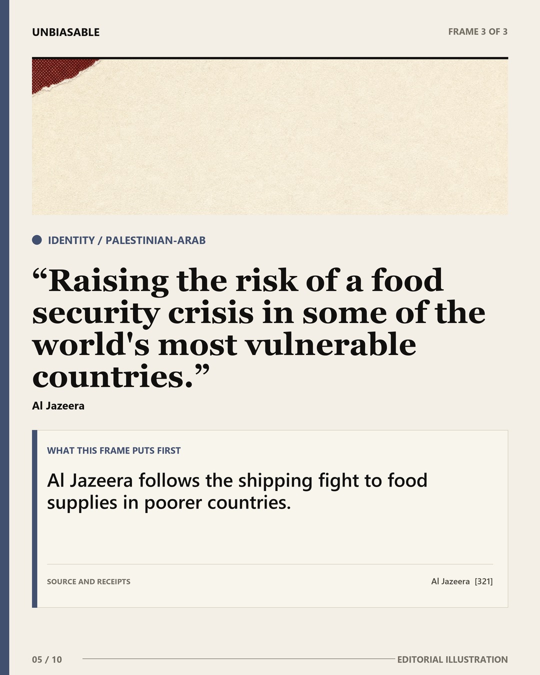 Identity / Palestinian-Arab frame: Raising the risk of a food security crisis in some of the world's most vulnerable countries. Al Jazeera follows the shipping fight to food supplies in poorer countries.