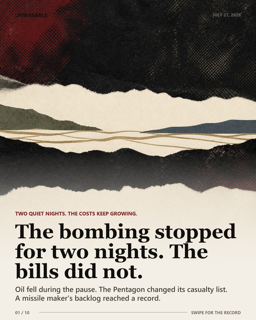 Editorial case-file cover: The bombing stopped for two nights. The bills did not.