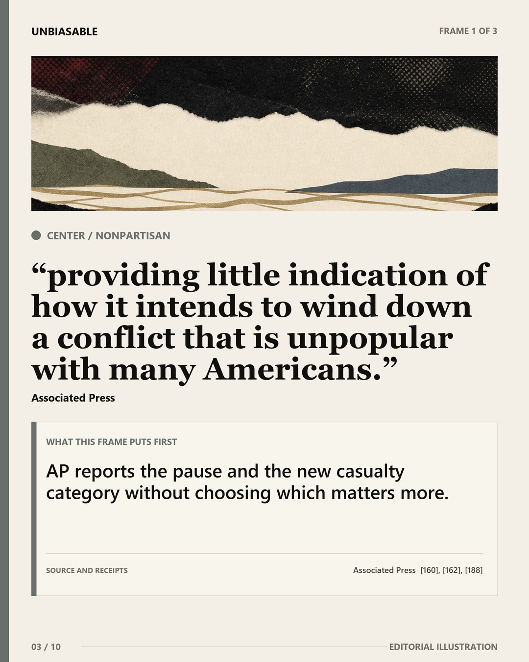 Center / Nonpartisan frame: providing little indication of how it intends to wind down a conflict that is unpopular with many Americans. AP reports the pause and the new casualty category without choosing which matters more.