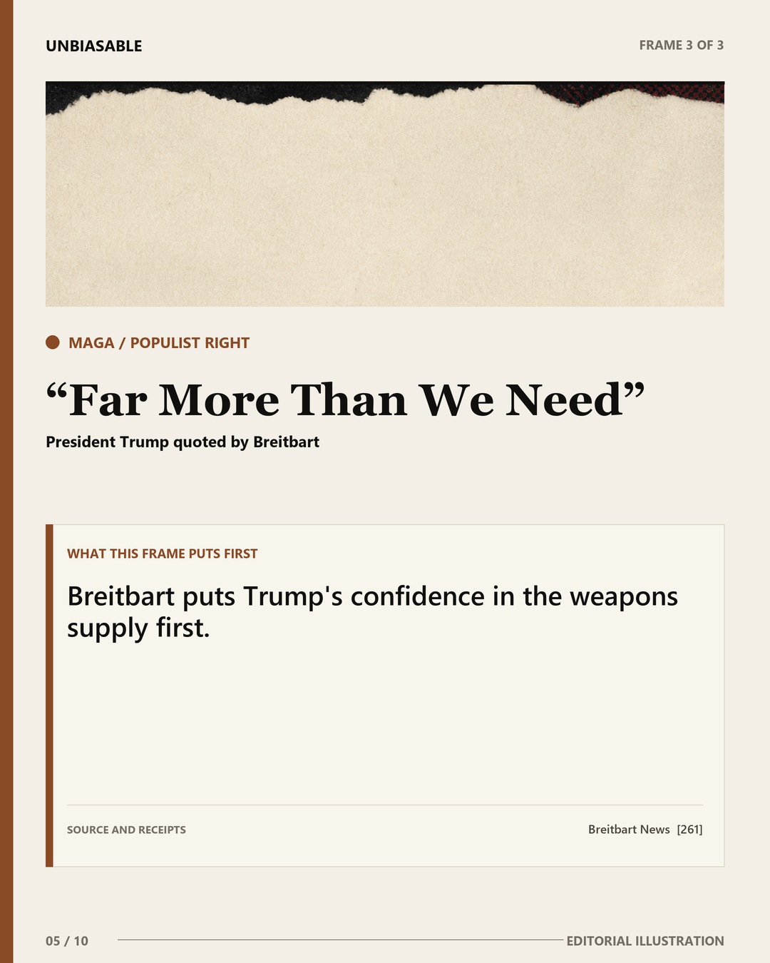 MAGA / Populist Right frame: Far More Than We Need Breitbart puts Trump's confidence in the weapons supply first.