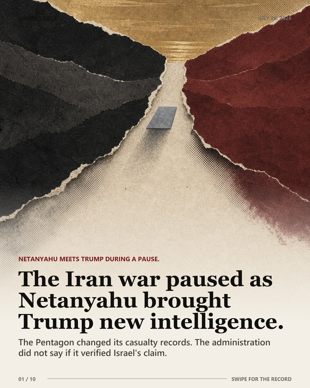 Editorial case-file cover: The Iran war paused as Netanyahu brought Trump new intelligence.