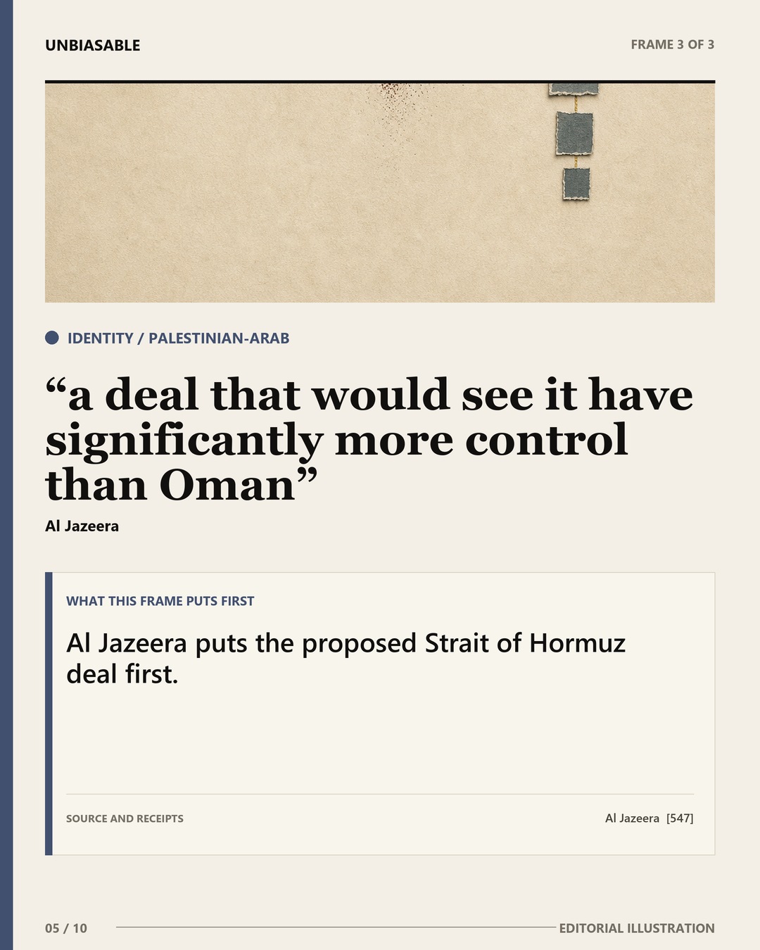 Identity / Palestinian-Arab frame: a deal that would see it have significantly more control than Oman Al Jazeera puts the proposed Strait of Hormuz deal first.