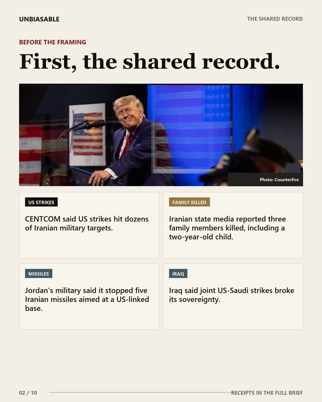 The shared record: CENTCOM said US strikes hit dozens of Iranian military targets.; Iranian state media reported three family members killed, including a two-year-old child.; Jordan's military said it stopped five Iranian missiles aimed at a US-linked base.; Iraq said joint US-Saudi strikes broke its sovereignty.