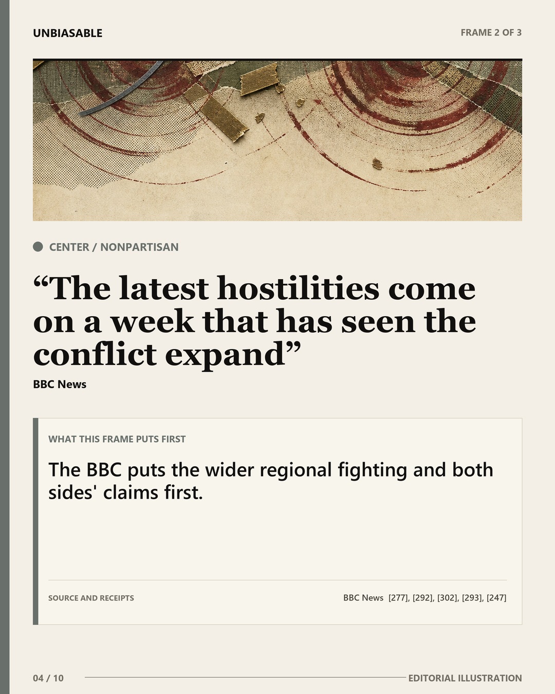 Center / Nonpartisan frame: The latest hostilities come on a week that has seen the conflict expand The BBC puts the wider regional fighting and both sides' claims first.