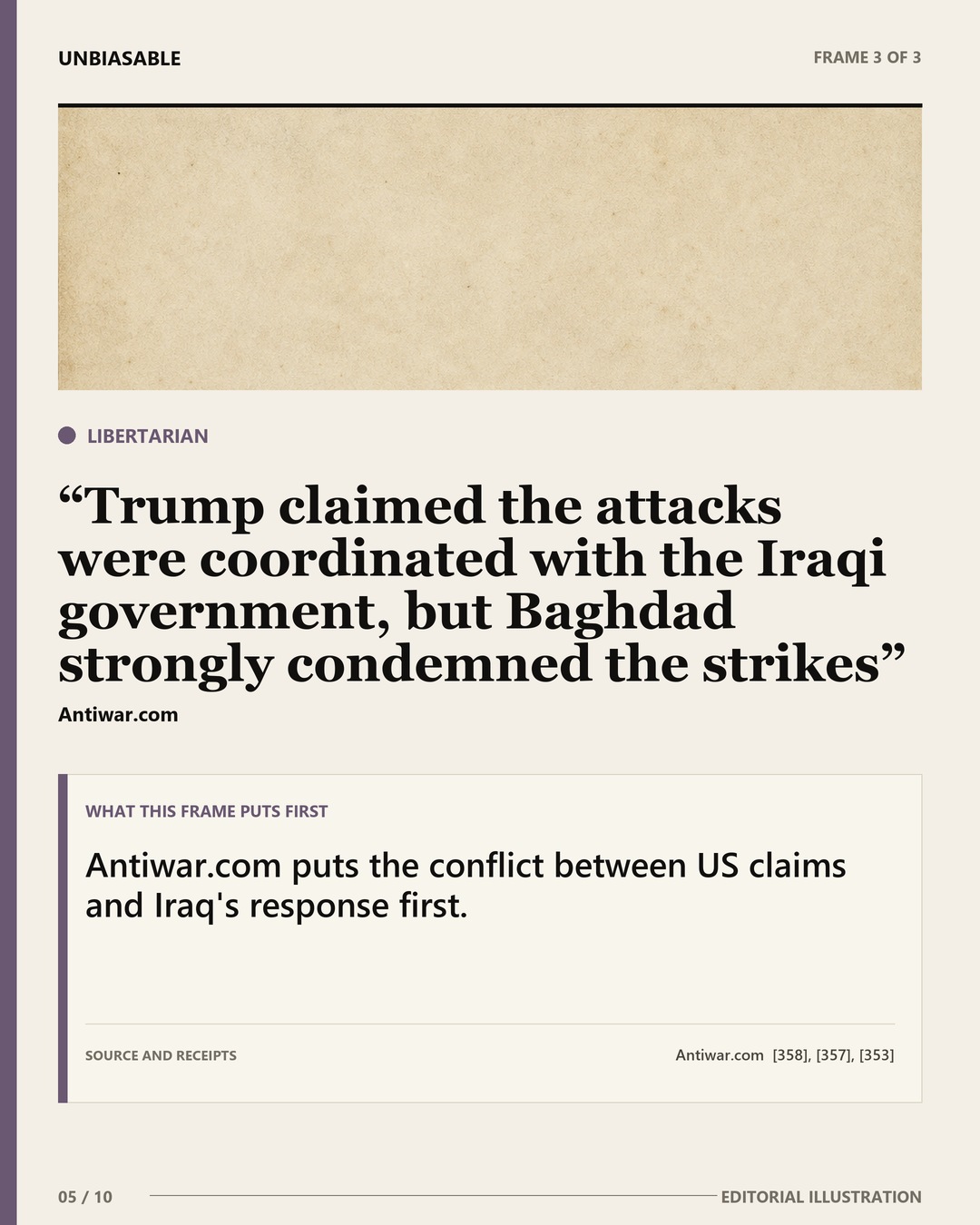 Libertarian frame: Trump claimed the attacks were coordinated with the Iraqi government, but Baghdad strongly condemned the strikes Antiwar.com puts the conflict between US claims and Iraq's response first.