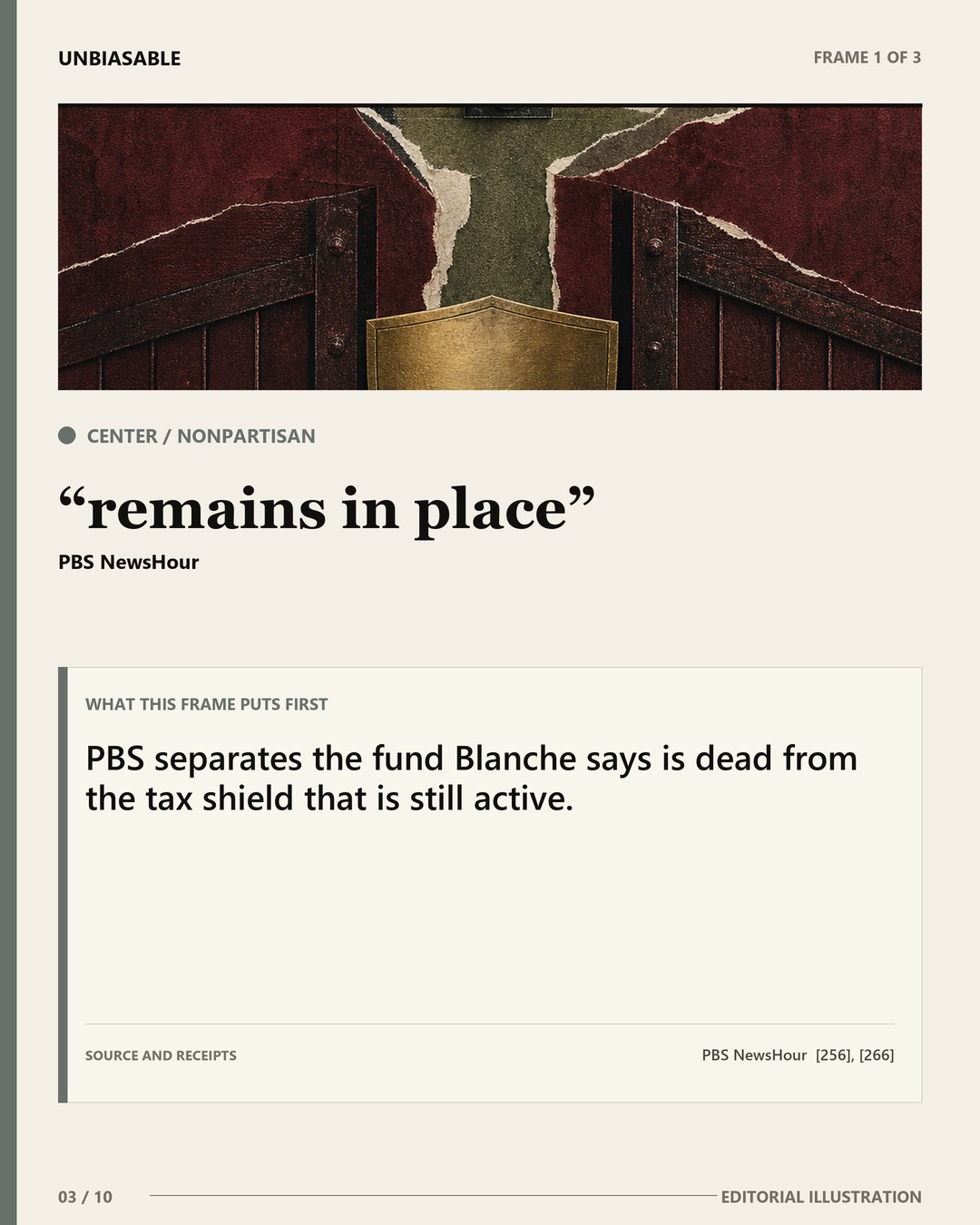 Center / Nonpartisan frame: remains in place PBS separates the fund Blanche says is dead from the tax shield that is still active.