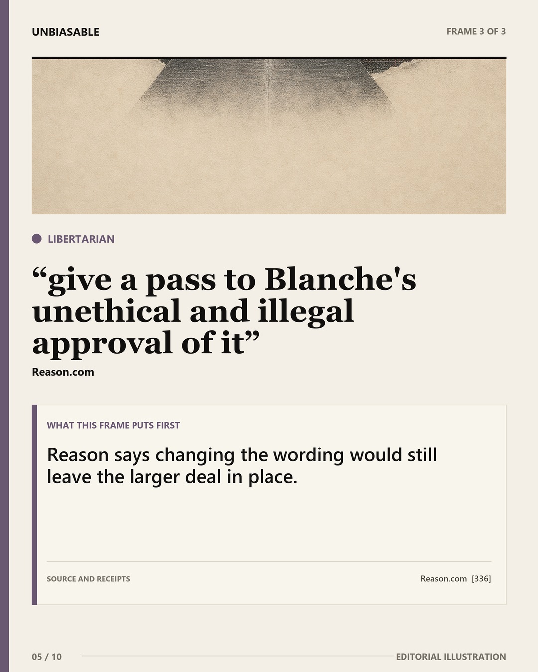 Libertarian frame: give a pass to Blanche's unethical and illegal approval of it Reason says changing the wording would still leave the larger deal in place.