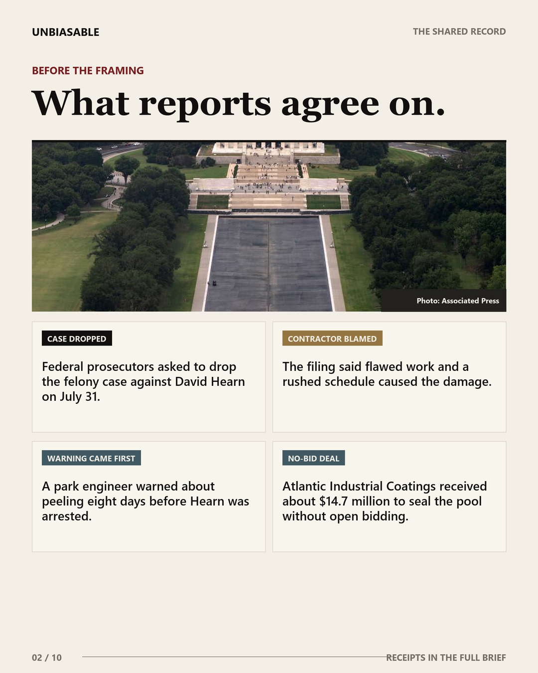 The shared record: Federal prosecutors asked to drop the felony case against David Hearn on July 31.; The filing said flawed work and a rushed schedule caused the damage.; A park engineer warned about peeling eight days before Hearn was arrested.; Atlantic Industrial Coatings received about $14.7 million to seal the pool without open bidding.