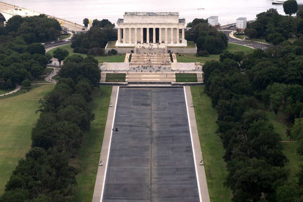 The Lincoln Memorial Reflecting Pool is seen from the Washington Monument, Friday, July 31, 2026, in Washington. (AP Photo/Mark Schiefelbein)